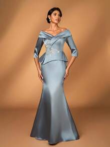 Serin Elegantes, luxuriöses Satin-Kleid mit Perlenstickerei und Spitze, Off-Shoulder Ärmel, Rüschen und Meerjungfrauenschnitt, geeignet für Hochzeiten, Partys, Urlaub, Galas, Konzerte, Abende, Brautmutterkleid