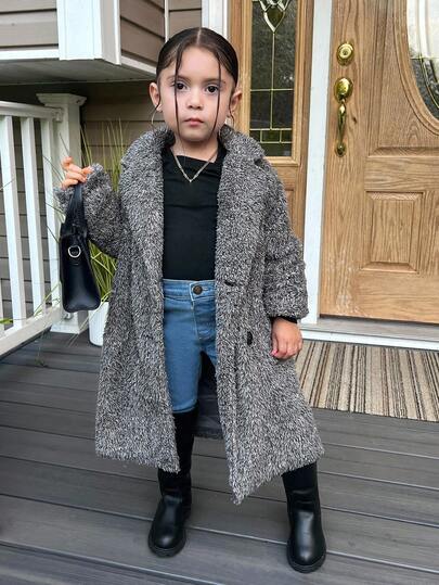 SHEIN Young Girl Knitted Fluffy Collar Casual Jacket Long Coats Kids Grey Sherpa Coat Girls Teddy Coat Girls Shaggy Coat Girls Fleece Coat Fall Coat Winter