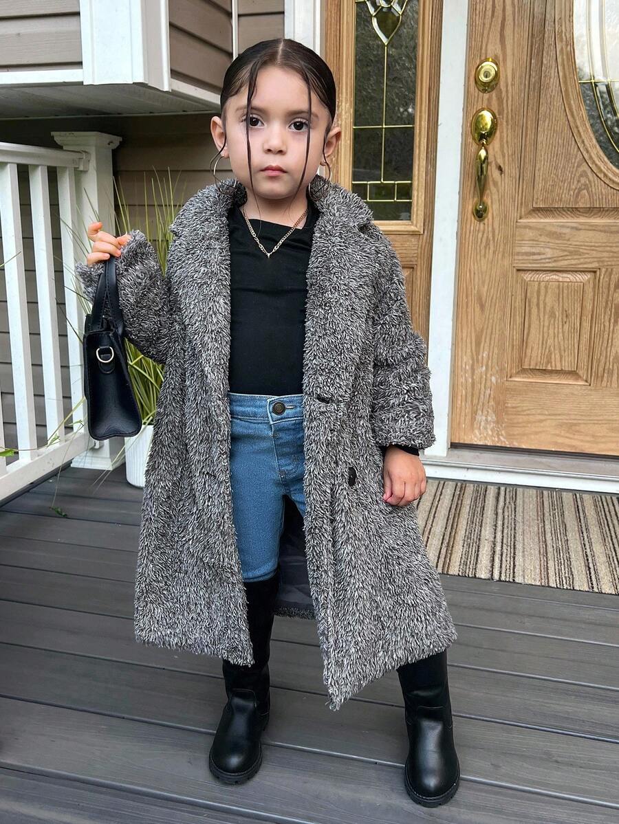 SHEIN Áo khoác dài cổ lông xù dệt kim cho bé gái, áo khoác lông cừu màu xám cho trẻ em, áo khoác lông gấu bông cho bé gái, áo khoác lông xù cho bé gái, áo khoác mùa thu đông. - Màu xám đen - Xem 1