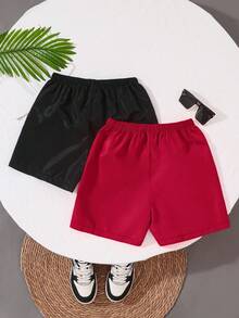 SHEIN 2 件套青少年男童纯色宽松梭织沙滩泳裤，休闲度假 - 紅色 - 查看 2