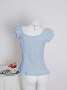 SHEIN Unity Women's Summer Solid Color Ruffle Trim Tie Waist Short Sleeve Blouse - Blue - View 2