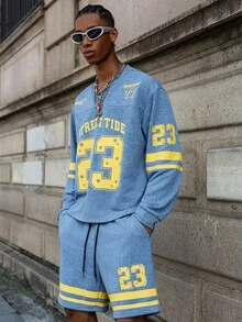 PAVTROS 男士仿雪花效果面料蓝色配黄色条纹和数字“23”和“77”团队元素上衣拼接设计V领长袖运动衫配松紧腰短裤运动衫套装宽松舒适数码印花T恤短裤套装，适合送给男朋友和朋友作为礼物男士两件套蓝色男士街头潮流套装男士两件套运动服针织两件套男士 - 淺色水洗藍 - 查看 2