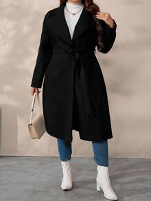SHEIN Tall CURVE 大码女式纯色翻领长袖休闲羊毛长大衣，秋冬 - 黑色 - 查看 6