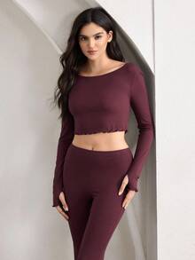 Ocili Leisure Women Ribbed Crew Neck Long Sleeve Ruffled Top & Flared Pants Casual Suit Set Outfit, Fall Clothes - Redwood - View 7