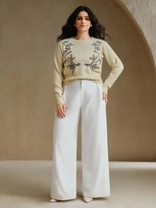 Anewsta Embroidered Knit Pullover Sweater,Sage Green,Autumn,Elegant,Wedding Guest,Chic Winter New Year Christmas Work Graduation Wedding Formal Party Sweater - Apricot - View 6
