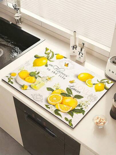 SHEIN Tapete de secagem de louça com estampa de limão, superabsorvente, decoração de mesa para primavera/verão com estampas florais e de limão, dobrável e antimofo de secagem rápida
