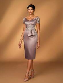 Serin Elegant Luxurious Off Shoulder Bow Embroidered Pearl Lace Applique Mid-Length Dress, Suitable For Evening Party, Date, Music Festival, Prom, Holiday, Wedding, Bridal Mother Dress - Champagne - View 1