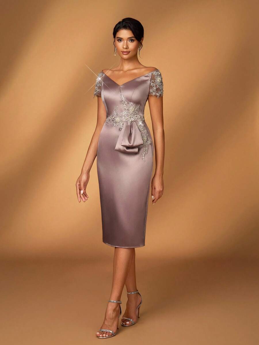 Serin Elegant Luxurious Off Shoulder Bow Embroidered Pearl Lace Applique Mid-Length Dress, Suitable For Evening Party, Date, Music Festival, Prom, Holiday, Wedding, Bridal Mother Dress - Champagne - View 1