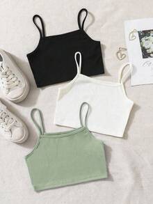 3pcs/Set Tween Girls Classic Minimalist Comfy Versatile Tank Top Set - Multicolor - View 1