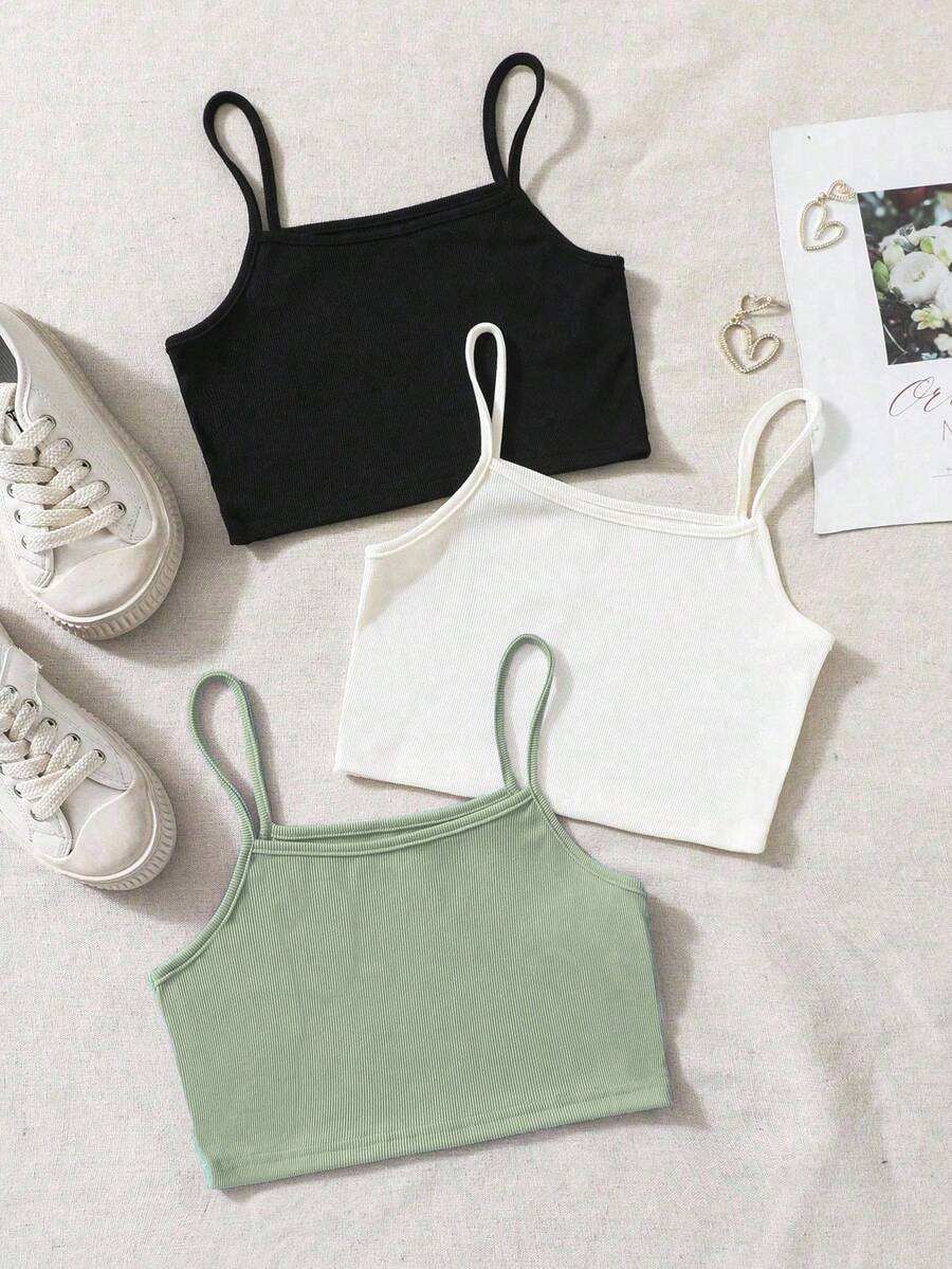 3pcs/Set Tween Girls Classic Minimalist Comfy Versatile Tank Top Set - Multicolor - View 1