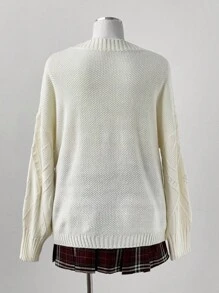 Sunspun Plus Size Solid Color Textured Chill Pullover Sweater, Autumn/Winter Fall Cloth For Women - White - View 2