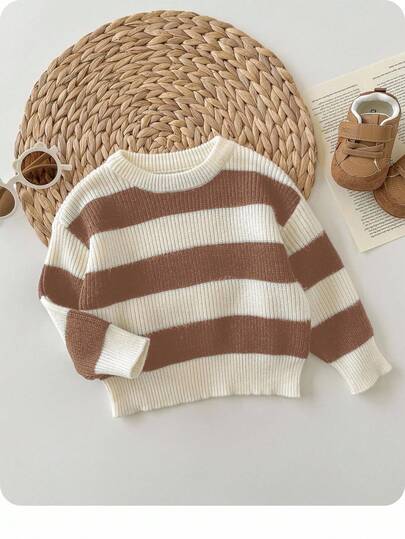 SHEIN 男女通用婴儿/幼儿休闲运动街头服饰绅士学院风百搭舒适时尚黑白条纹圆领宽松针织毛衣