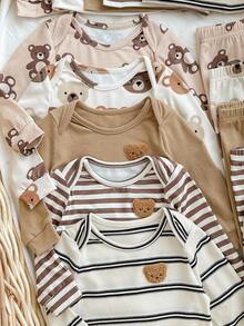 15pcs Newborn Baby Cute Casual Versatile Knitted Striped Cartoon Pattern Long Sleeve Romper & Pants Pajama Set Fall Winter