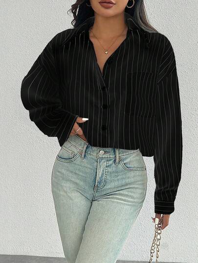 EMERY ROSE Casual Versatile Fashion Long Sleeve Single Breasted Turndown Collar Striped Women Shirt, Random Floral Pattern Fall Cloth For Women