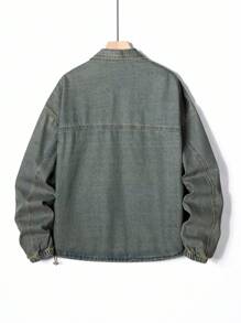 Manfinity Homme 男士长袖单排扣口袋休闲宽松牛仔夹克男友和丈夫洗水蓝色宽松阔腿度假牛仔拉链夹克，秋季 - 銅色 - 查看 2