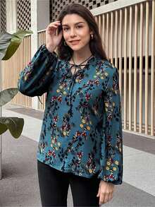 SHEIN LUNE 女士休闲碎花灯笼袖衬衫，秋季 - 墨綠色 - 查看 4