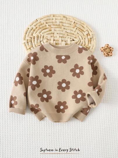 Cozy Pixies Baby Girl Floral Print Crew Neck Long Sleeve Pullover Sweater, Versatile & Comfortable Baby Flower Sweater Brown Baby Sweater Neutral Baby Clothes Baby Girl Fall Sweater Wildflower Baby Sweater Winter