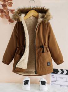 SHEIN Tween Girls' Casual Loose Warm Thermal Lined Hooded Mid-Length Parka Coat,In Fall/Winter