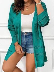 Elenzga Plus Size Casual Solid Color Hollow Out Knit Cardigan Fall Winter Cloth For Women Autumn