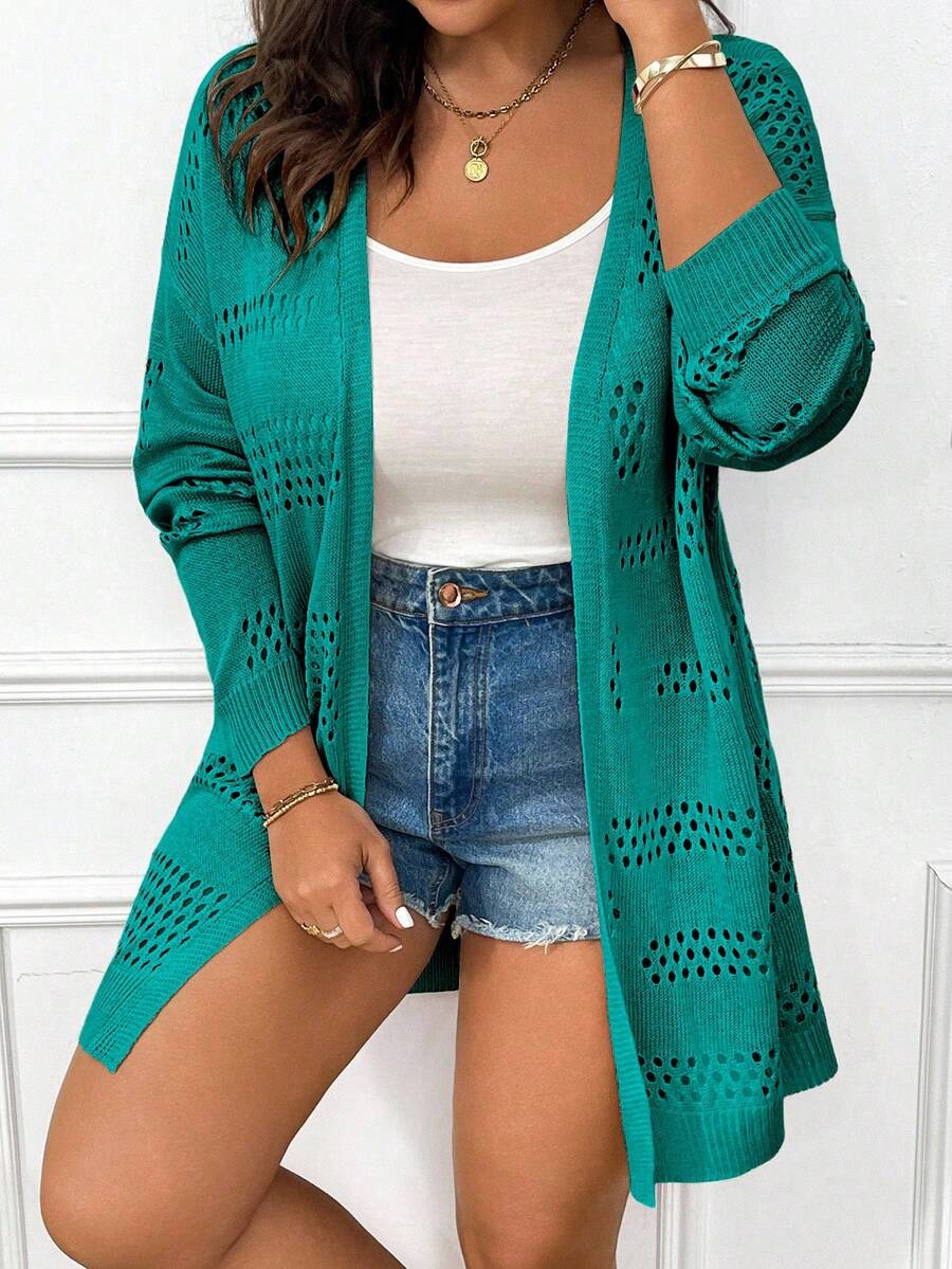 Elenzga Plus Size Casual Solid Color Hollow Out Knit Cardigan Fall Winter Cloth For Women Autumn