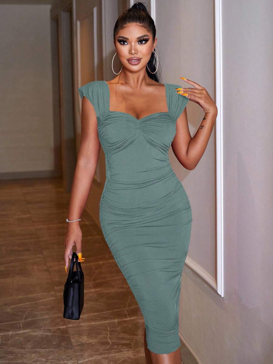 EURMUSE Women's Solid Color Heart Neck Elegant Ruched Sleeveless Dress - Mint Green - View 1