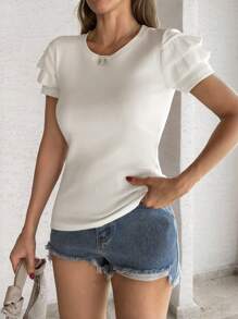 EURMUSE Women Ruffle Detailed Short Sleeve Rib Body Tshirt Cotton - White - View 3