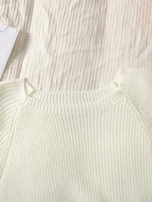 SHEIN 青少年女孩休闲圆领长袖镂空蝴蝶结针织毛衣，秋冬 - 白色 - 查看 5