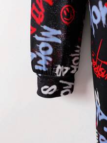 Men's Long Sleeve & Pants Hooded Jumpsuit With Smiling Face Graffiti Elements, In Red & Blue Colors, Combining Vibrant Street Style, Casual & Exaggerated Dynamic Look Hooded Pajamas, Fall