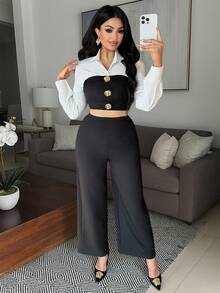 Chiquease 2 件套女士优雅金属装饰撞色领修身长袖衬衫和裤子套装，秋冬 - 黑與白 - 查看 1