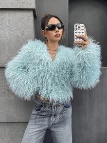 SHEIN ICON Women's Light Green Elegant Party Dress Versatile Faux Fur Coat In Fall/Winter - Mint Green - View 7