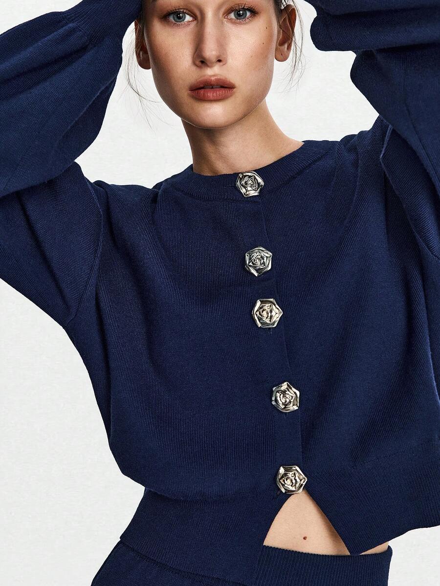 Lumivelle Women's Metal Flower Long Sleeve Single-Breasted Knit Cardigan And Versatile Mini Knit Skirt 2 Pieces Set Fall Winter Cloth For Women - Royal Blue - View 1