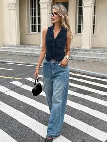 Serisse 女士条纹翻领单排扣休闲薄款背心秋冬 - 藏蓝色 - 查看 5