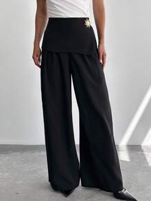 Firerie Pantalones envolventes negros sencillos y elegantes para mujer, de uso casual y para la oficina, de pierna ancha y suelta, adecuados para verano y otoño, con decoración de hebilla metálica en la cintura, para aeropuerto, vacaciones, profesora