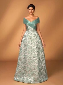 Serin 优雅奢华露肩提花缎面褶皱欧根纱褶皱 A 字裙，适合婚礼、活动、单身派对、度假、庆典、新娘母亲礼服 - 綠色 - 查看 3