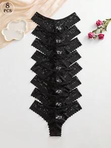 SHEIN 8件套浪漫性感蕾丝女士比基尼内裤，多色 - 黑色 - 查看 4