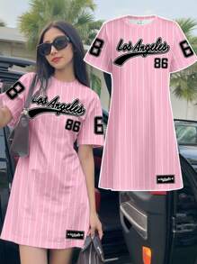 SHEIN Leap Crew 可爱学院风粉色条纹印花，少女休闲简约短袖中长连衣裙，适合夏季、返校季