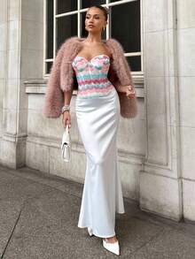 Glamine Sexy Jacquard Knit Patchwork Contrast Color Ruffle Trim Underwire Bustier Top For Women