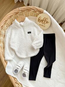 Baby Girl Fluffy White Sweatshirt And Pants Set, Versatile For Autumn/Winter Fall