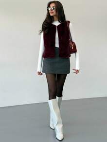 Aloruh Sleeveless Basic Outerwear, Elegant Fashion Faux Fur Coat In Fall/Winter - Burgundy - View 5
