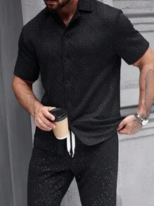 Manfinity Homme Men's Fashion Rhinestone Embellished Shirt And Pants Set,Black,Summer,Casual,City Break Two Pieces Co-Ord Jumpsuit Sweatsuit - Black - View 4