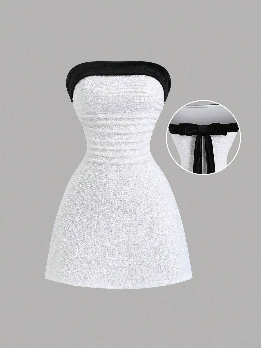 Sweetra Women's New Sexy Sweet Cute Fashion Versatile Black & White Contrast Bowknot Bandeau Sleeveless Mini Dress
