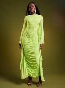 NYA SZN 连衣裙长袖蝙蝠袖褶饰镂空细节修身特殊场合活动婚礼宾客新娘派对毕业典礼日期端庄优雅伊比沙岛正式网眼长裙霓虹绿假日万圣节秋冬女士服装 - 綠色 - 查看 1