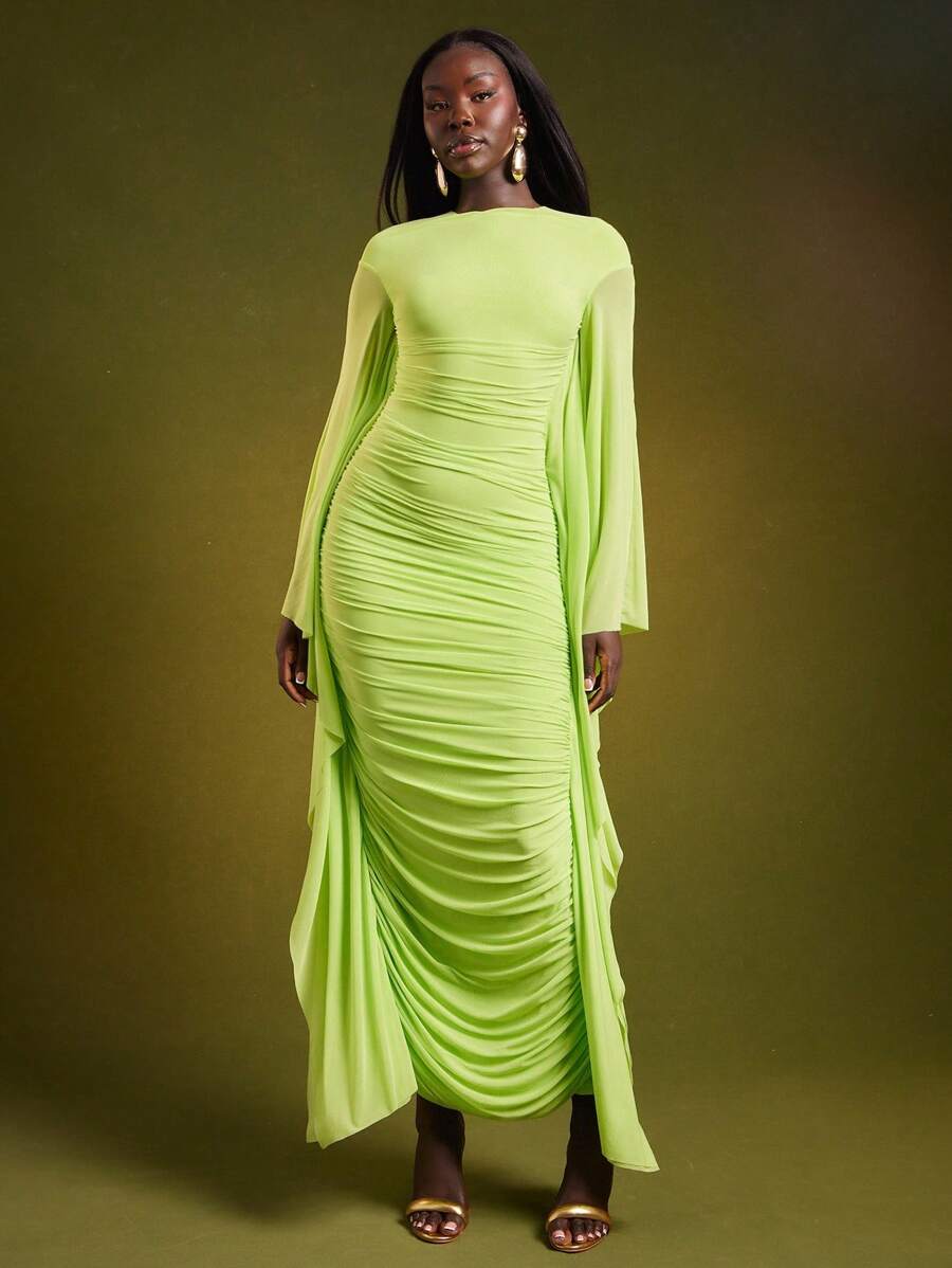 NYA SZN 连衣裙长袖蝙蝠袖褶饰镂空细节修身特殊场合活动婚礼宾客新娘派对毕业典礼日期端庄优雅伊比沙岛正式网眼长裙霓虹绿假日万圣节秋冬女士服装 - 綠色 - 查看 1