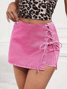 SHEIN Tall 女士时尚休闲牛仔短裙，侧孔系带设计 - 粉色 - 查看 5