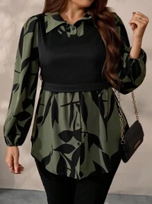 EMERY ROSE 大码女式黑色针织拼布花卉印花休闲套头衫，秋冬 - 軍綠色 - 查看 5