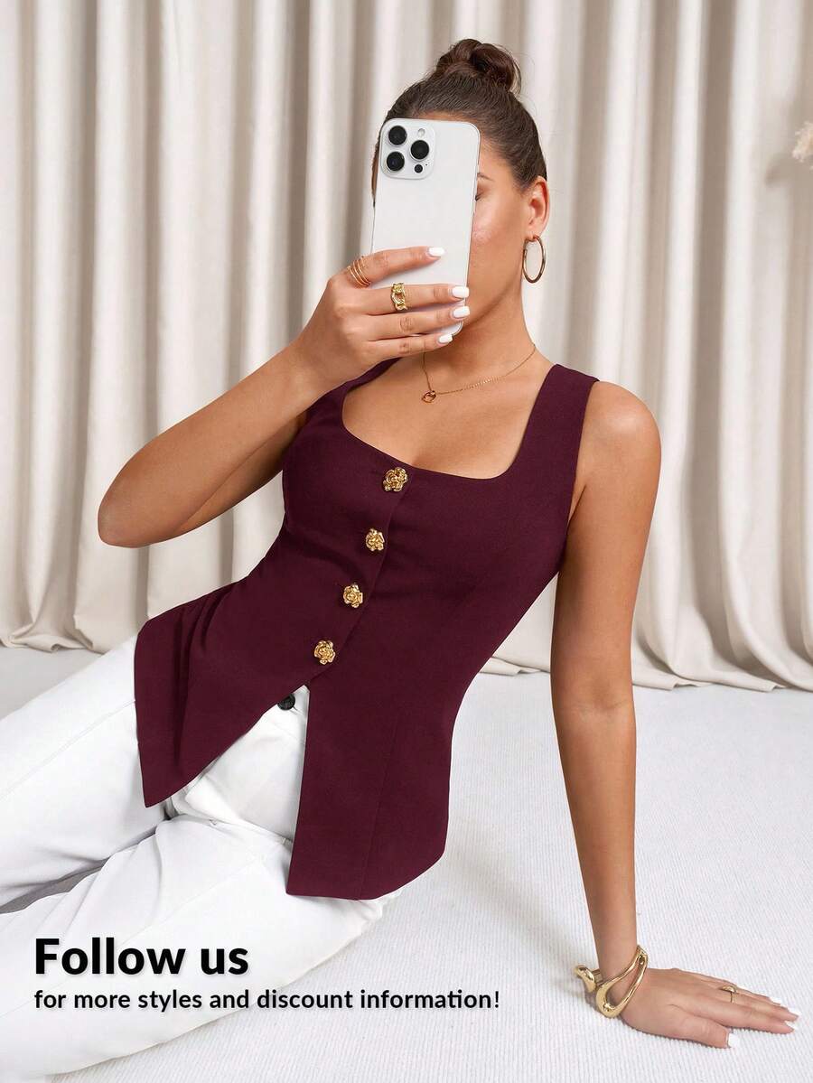 Lavishia 女士优雅通勤方领纽扣背心 - 紫紅色 - 查看 1