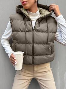 RueChic 女式連帽無袖棉褸背心,帶束口設計 - 灰色 - 查看 3