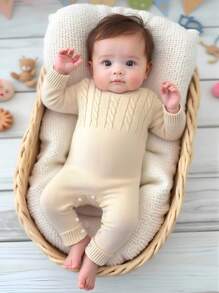 SHEIN Fashionable And Cute Versatile Shoulder Button Sweater Jumpsuit For Toddler Boys - Apricot - View 6