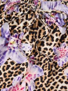 Snug Zone 3pcs Women Floral Ruffle Trim Tie Waist Pajama Set - Purple - View 5