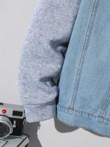 SHEIN Mirajuku Casual Fashion Simple Patchwork Denim Hoodie Jacket For Tween Boys, Loose Fit, Comfortable, Versatile, Suitable For Autumn, Spring, Winter, Daily Wear, Commuting, Outdoor, School, Streetwear, Party, Photography Fall - Multicolor - View 4